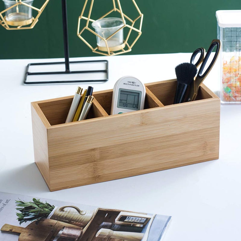 YOSCO Bamboo Wood Pens Pencils Holder Cup for Desk Remote Control Holder  Caddy Organizer Desktop Storage with 3 Compartments Multiuse for Store TV Remotes Game Console Phones Office Supplies (3 Grid) - Image 2